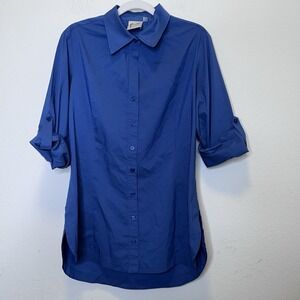 Finley Women's Blue Button-Up Shirt Roll-Tab Long Sleeve Casual Cotton Med USA